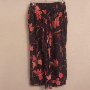 LOFT WOMEN'S WIDE LEG CAPRI PANTS NAVY BLUE ORANGE FLORAL ELASTIC TIE WAIST SP